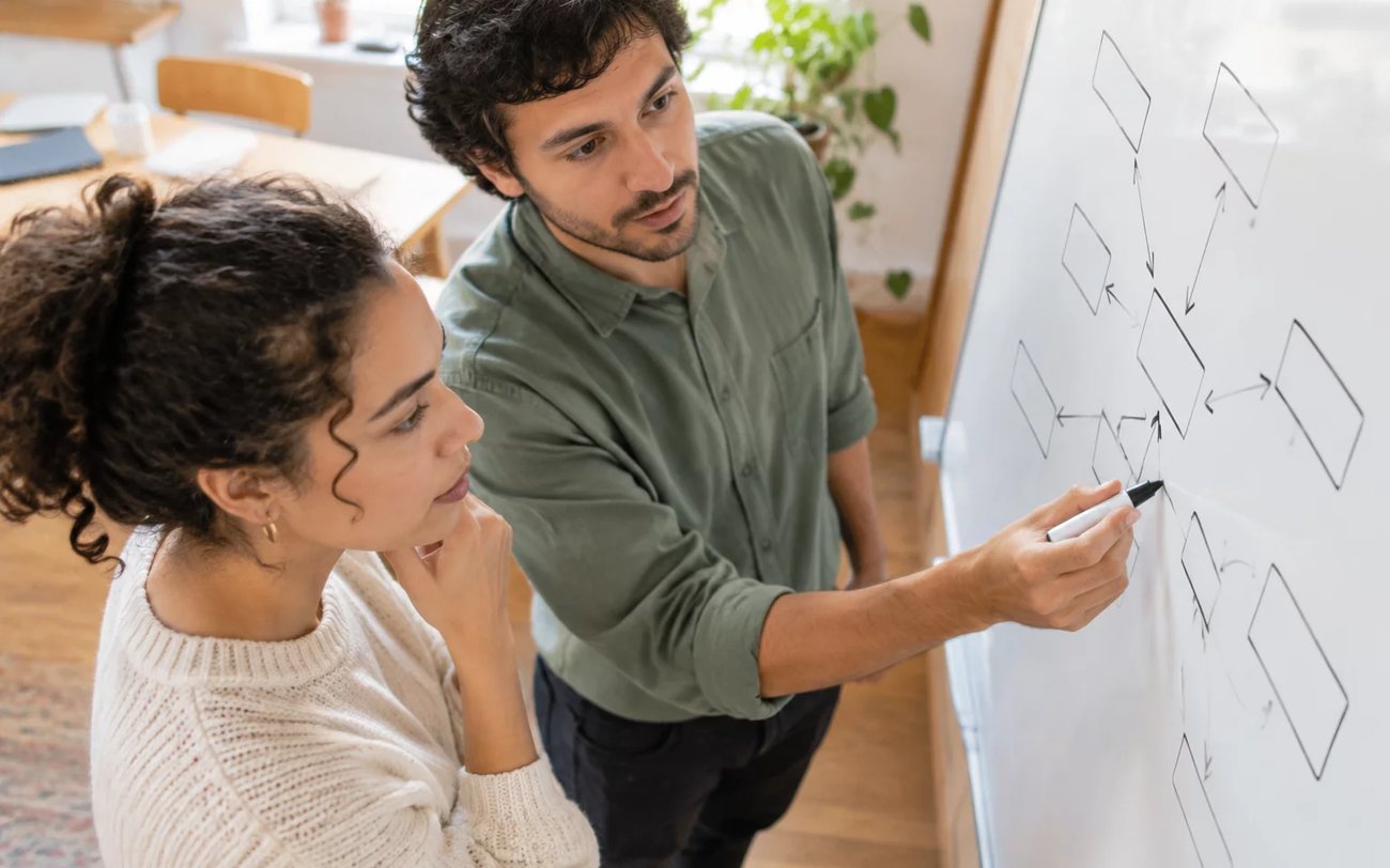 Duas pessoas em pé diante do quadro branco, desenhando a estrutura de um argumento