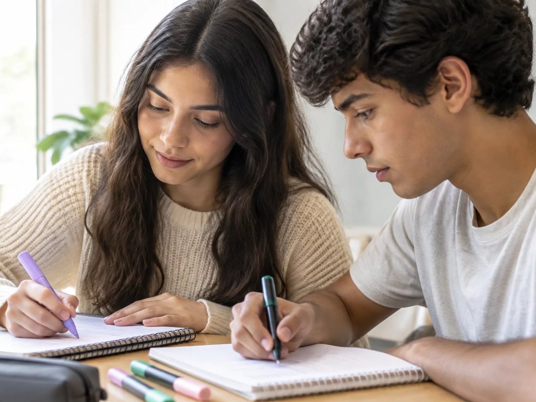 Mesa vista de cima com o esquema de um raciocínio rabiscado no papel
